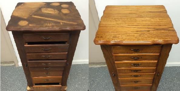 Before and after shot of a dirty dresser that has been cleaned